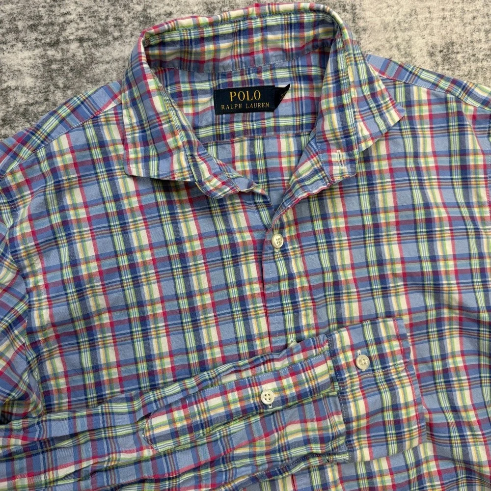 Polo Ralph Lauren Shirt Mens Medium Blue‎ Plaid Sport Button Up Preppy Easter
